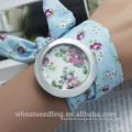 2015 Hot Selling Geneva Flower Print Fabric Wrap Bracelet Watch for Lady